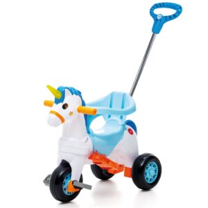 TRICICLO 2 EN 1 UNICORNIO CON GUIA MUSICA Y LUCES AZUL EN CAJA - CALESITA