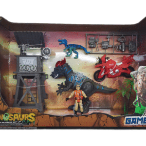 SET X 2 DINOSAURIOS, MUÑECO, TORRE, MOTO, Y ACC EN CAJA. DIN