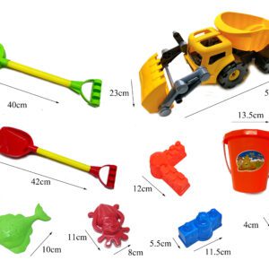 JUEGO DE PLAYA, CAMION CON BALDE, ACCESORIOS Y HERRAMIENTAS.
