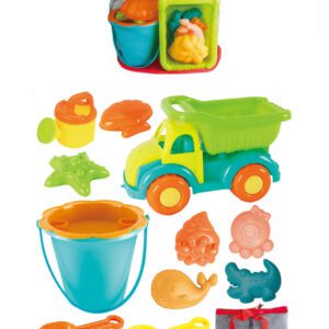 MOCHILA DE RED CON BALDE, CAMION Y ACCESORIOS PARA LA PLAYA.