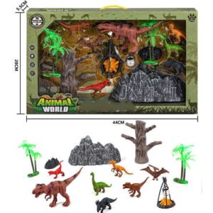 DINOSAURIOS DE VARIOS TAMAÑOS CON ROCAS Y ÁRBOLES, 7PCS
