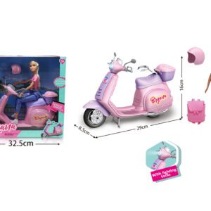 MUÑECA CON MOTOCICLETA CON LUZ, SONIDO, CASCO Y CHALECO