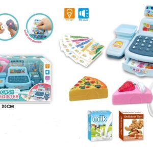 CAJA REGISTRADORA CON BILLETES, TARJETAS Y COMIDA